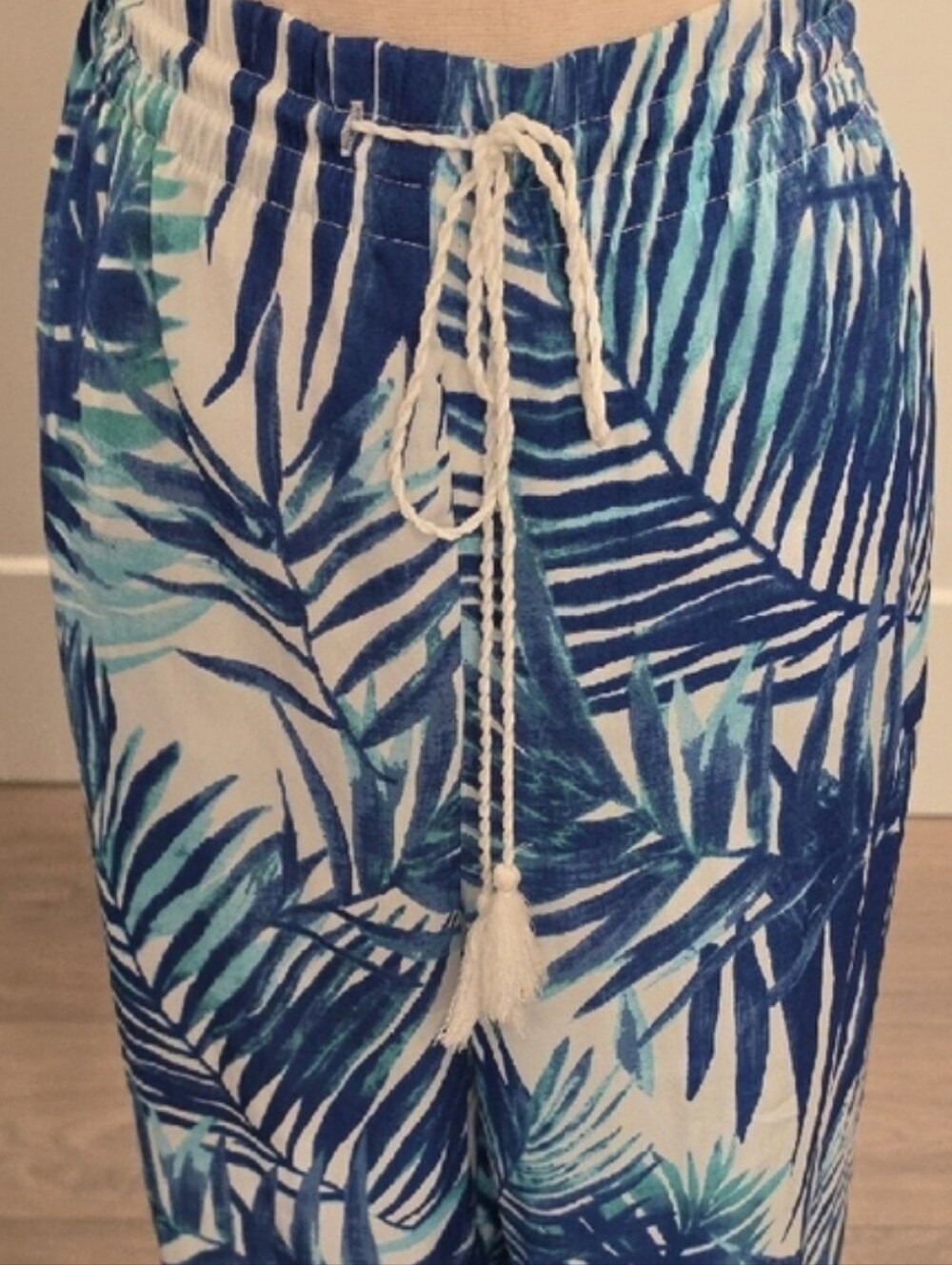 C & C California Women's Blue Tropical Palm Print Wide Leg Palazzo Pants Large